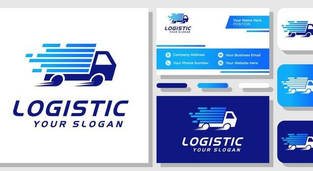 car-box-truck-logistic-courier-delivery-shipping-express-cargo-logo-design-with-business-card-template-vector